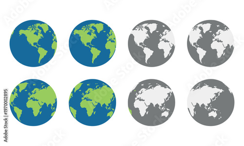 Set of Stylized Globe Icons Showing World Map Views for Education, Design, and Branding