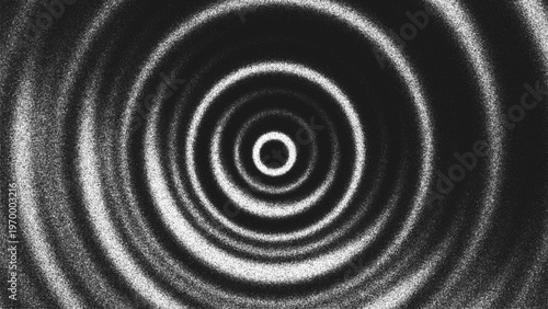 Concentric circles made of stippling dots forming ripple waves on dark background. Radial ripple pattern created from thousands of individual dots. glowing concentric circles in monochrome grain style