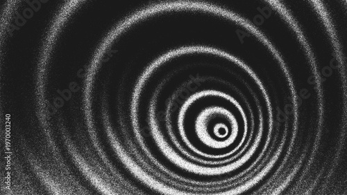 Grainy black and white background with concentric circular waves, glowing highlights and spiral ripples created from thousands of individual dots. Glares create an illusion of depth and optical motion
