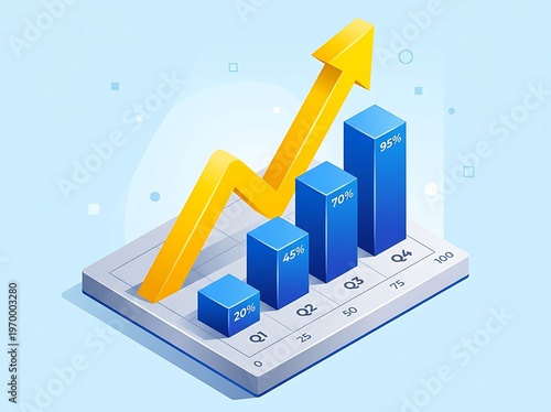 3D bar chart with yellow arrow on tablet screen showing quarterly growth from twenty percent to ninety five percent