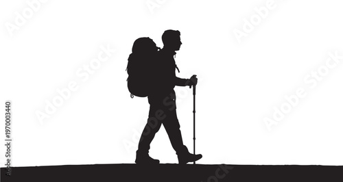 Hiker Silhouette vector illustration depicts a determined male hiker with a substantial backpack and trekking pole, walking purposefully forward, embodying adventure, exploration.