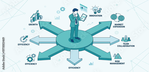 Businessman facing a significant chasm, symbolizing an upcoming challenge or a strategic decision needed to bridge the divide towards future success and growth
