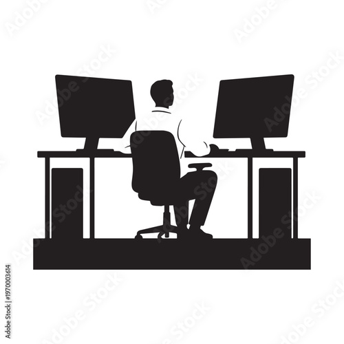 Businessman Silhouette Working at Desk With Dual Monitor Computer Setup in Office.