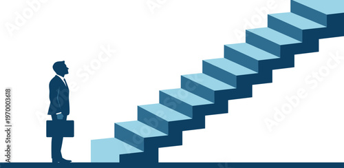 Silhouette of a businessman looking up at a long staircase, symbolizing career growth and ambition