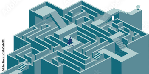 A determined businessman silhouette stands confidently amidst dynamic upward blue arrows, symbolizing strategic market growth, career progression, and future financial success