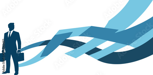 A visionary businessman contemplates a bright opening through a complex polygonal barrier, embodying the pursuit of new opportunities and solutions in an abstract business landscape