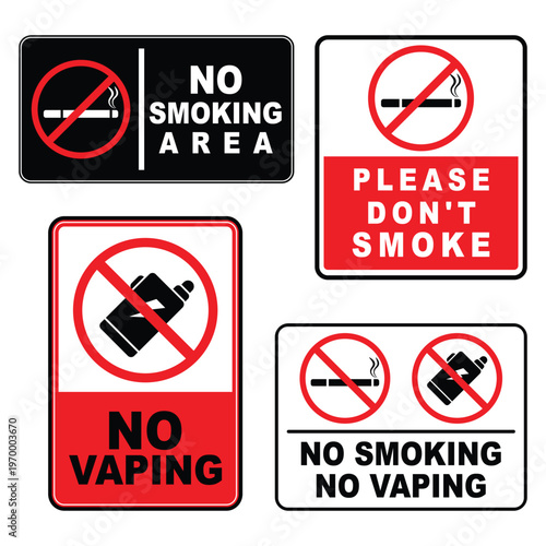 Collection of no smoking and no vaping signs for public areas