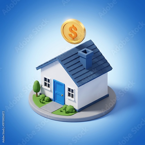 3D illustration of a white house with blue roof and door on a gray platform with green lawn and tree and gold dollar coin above  symbolizing real estate or financial investment