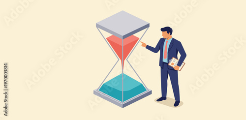 Business man managing time with an hourglass, representing urgency and efficient workflow for project deadlines