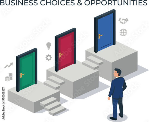 Businessman contemplating multiple strategic pathways, symbolizing critical decisions and future opportunities for growth and success in the corporate world