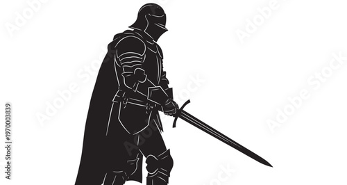 Knight Silhouette vector illustration of a medieval knight wearing heavy plate armor while holding a sharp steel sword ready for combat in a classic fantasy design style suitable.