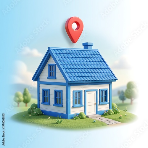 A small blue and white house with a red location pin on top  house with blue roof and white walls  location pin on house