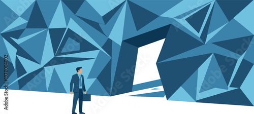 Professional navigating a complex, geometric landscape towards a bright opening, representing strategic business challenges and emergent pathways to success