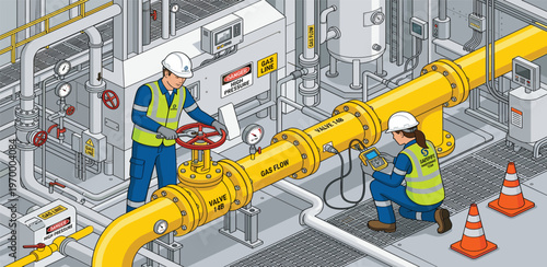 Industrial safety inspection workers monitoring gas flow in a plant with safety equipment and signage