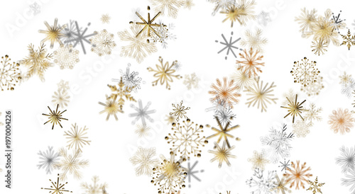 Stunning golden and silver snowflakes on a white backdrop, perfect for winter and holiday designs.