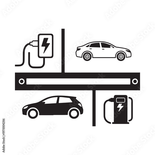 Electric Vehicle Charging Station Icon Set Featuring Modern Sedan and Power Supply. 