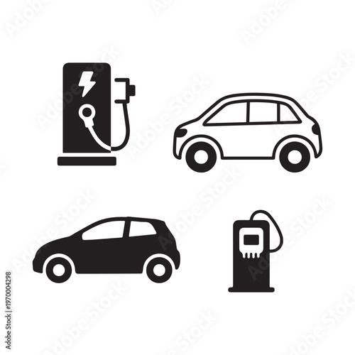 Electric Vehicle Charging Station Icon Set Featuring Modern Sedan and Power Supply. 