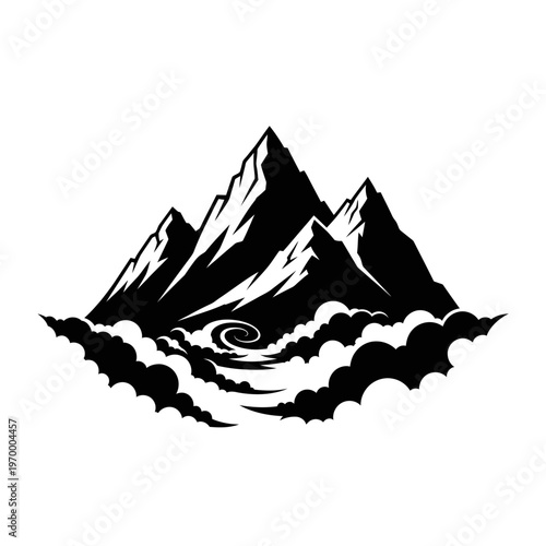 Majestic Mountain Peaks Silhouette with Cloudscape Vector Illustration.
