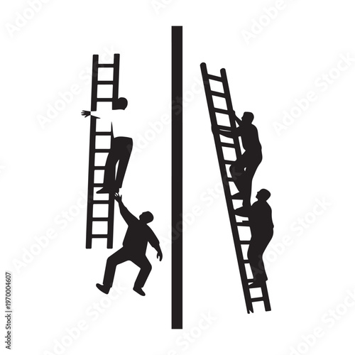 Ladder Safety Silhouette Showing Men Climbing and Falling From Height at Construction Site. 