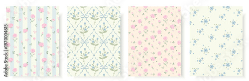 Set of four vintage seamless patterns featuring romantic pink roses blue wildflowers cute bows and stripes. Elegant cottagecore background for textile wallpaper or wedding stationery design.