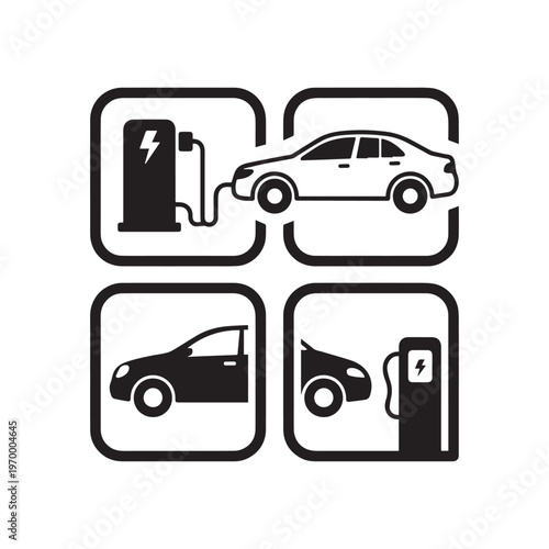 Electric Vehicle Charging Station Icon Set Featuring Modern Sedan and Power Supply. 