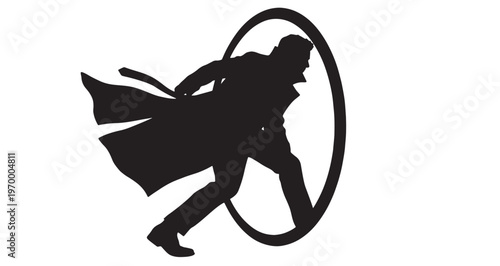 Time Traveler Silhouette vector depicting the bold silhouette of a mysterious man in a long trench coat confidently stepping through a curved abstract ring, conveying a strong sense of action, 
