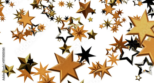 Golden stars floating on a white background, perfect for celebrations, holidays, and festive designs. Use for party back