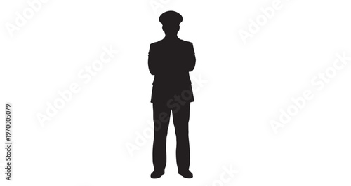 Pilot Silhouette vector graphic illustration presents a full-length silhouette of a professional airline pilot or captain standing confidently with arms crossed.