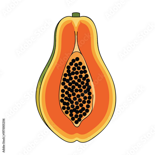 A halved papaya with vibrant orange flesh and a cluster of black seeds