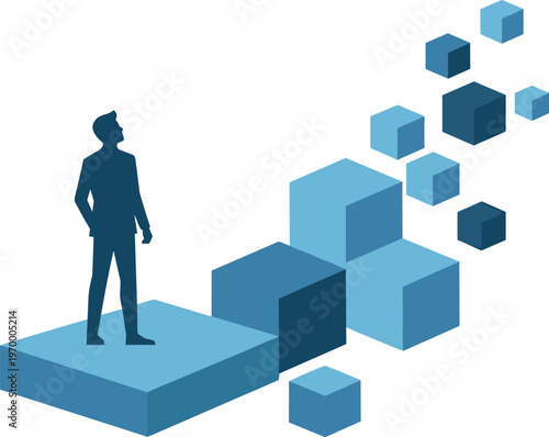 Conceptual illustration of a determined professional ascending a rising bar graph, symbolizing business achievement, career advancement, and the journey towards future success and innovation