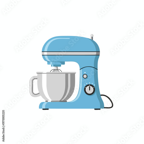 A blue stand mixer with a metal bowl and whisk attachment sits on a white background