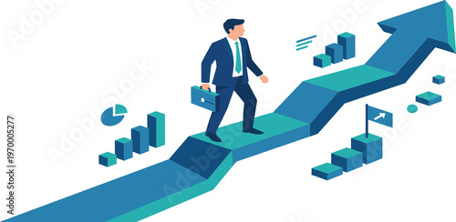 Successful businessman climbing arrow graph showing growth and progress in a career