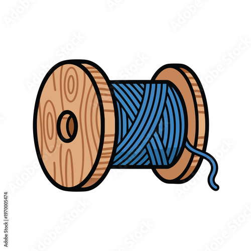 Wooden spool with tightly wound blue thread, with loose end