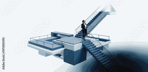 Man in a suit ascending stairs on a futuristic platform, symbolizing career growth and success in business