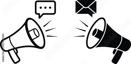 Two megaphones shouting at each other icon with speech bubble and letter envelope for communication