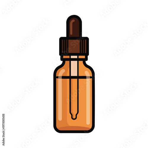 Glass dropper bottle with amber liquid and a brown cap on white