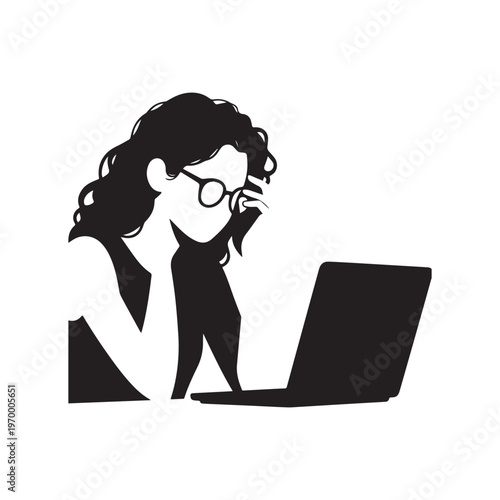 Stressed Business Woman Silhouette Working on Laptop and Adjusting Glasses at Desk.