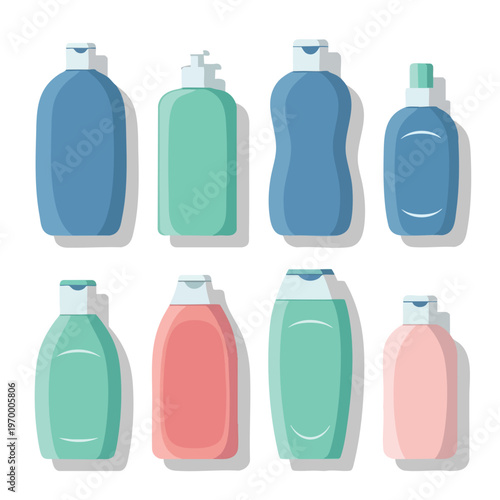 Eight colorful, opaque cosmetic bottles with flip-top caps are arranged in two rows