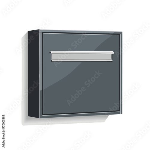 A dark gray rectangular box-like mailbox with a silver slot is mounted on a white background