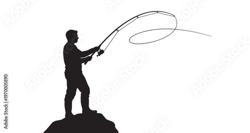 Fisherman Silhouette vector graphic illustration of a determined male angler standing on a rock while casting his professional fishing line into the distance with focus.