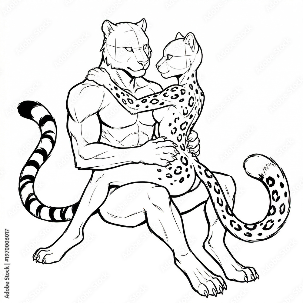 Fototapeta premium Female snow leopard sitting on male tiger lap base.