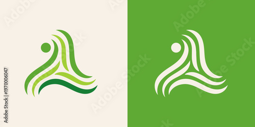 Abstract logo design featuring a stylized human figure with flowing green lines, symbolizing growth, nature, and community.