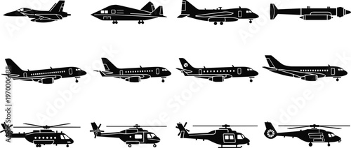 Collection of aircraft silhouettes including fighter jets, commercial airplanes, helicopters and missiles isolated on white background, aviation transport icons, military and civil aviation set