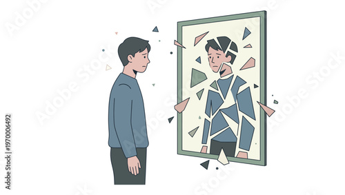 Man looking at broken mirror reflection.
