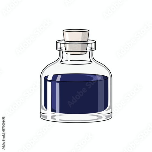 A clear glass bottle with a cork stopper contains dark blue liquid