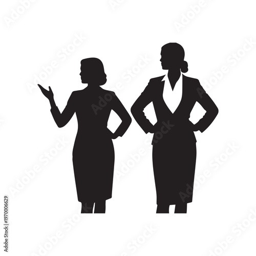 Two Professional Business Women Silhouette Icons Standing in Confident Power Posing Style. 