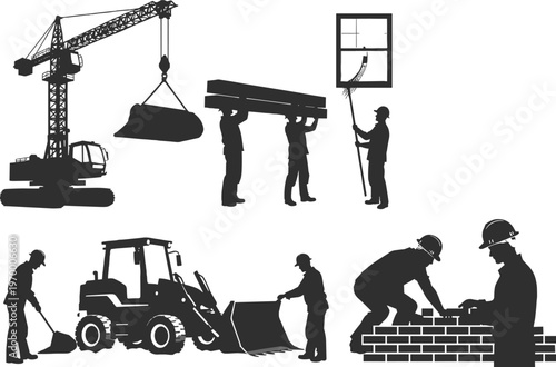 WebConstruction workers and machinery silhouette set featuring crane lifting load, builders carrying materials, window cleaning, bricklaying, and 