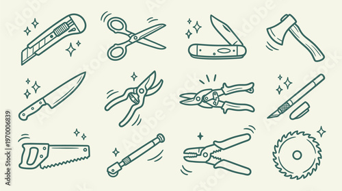 Hand Tools Collection Doodle Line Art Vector Illustration