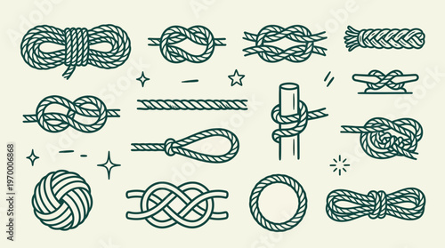 Nautical Rope Knots Set Marine Line Art Vector Illustration