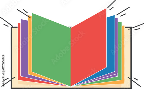 An open book displays vibrant, multi-colored pages fanned out, suggesting knowledge or imagination.